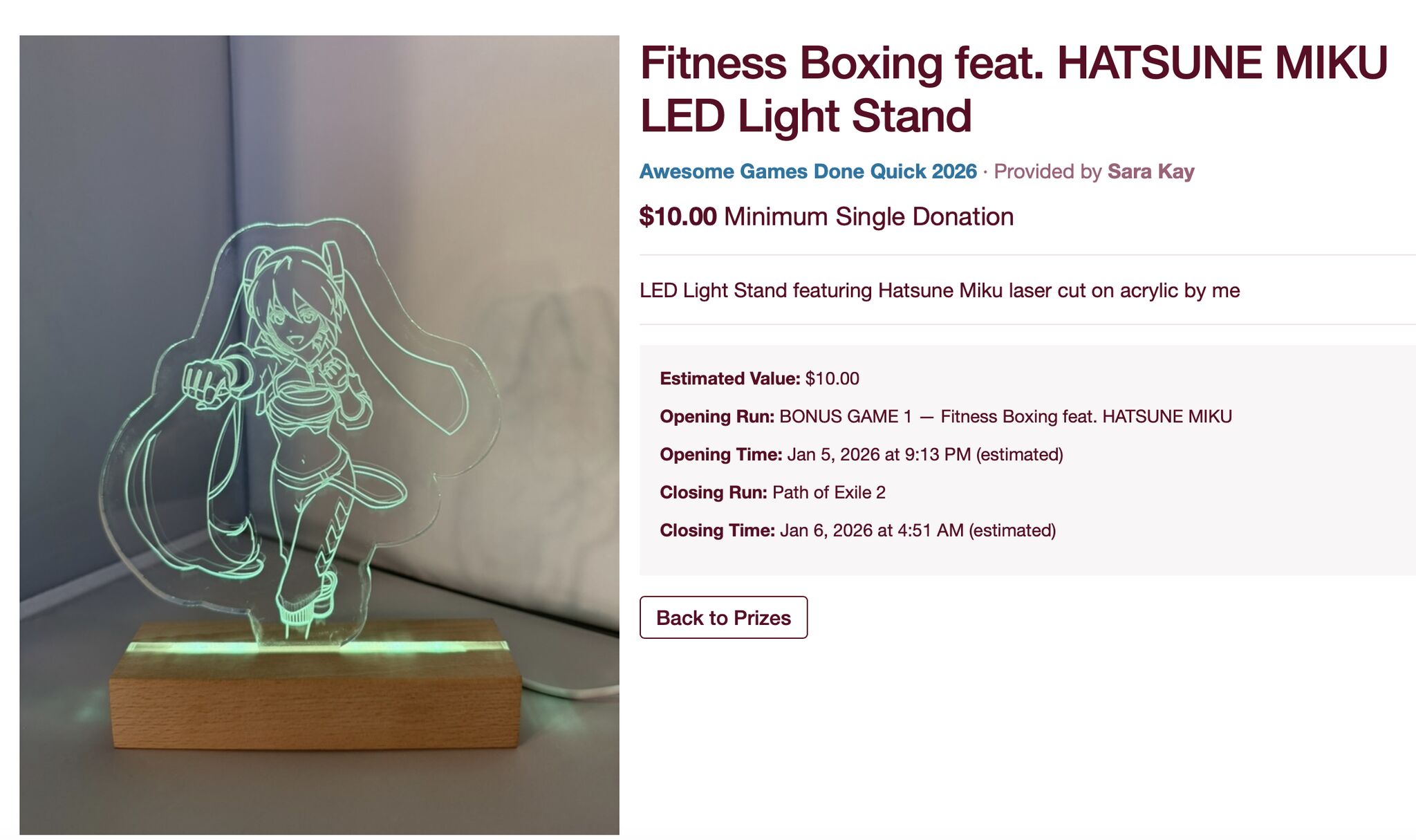 Hatsune Miku LED light stand, laser-cut acrylic on a wood base